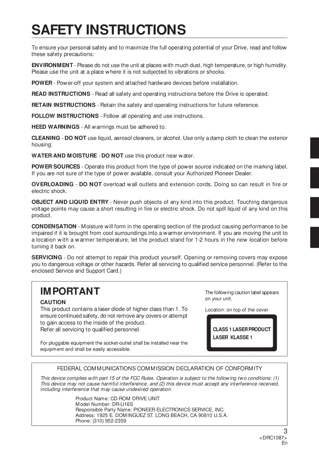 Pioneer DR-U16S user service Safety Instructions, Refer all servicing to qualified personnel 