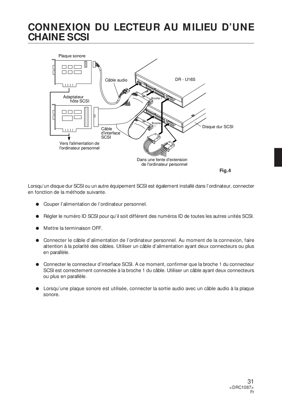 Pioneer DR-U16S user service Connexion DU Lecteur AU Milieu D’UNE Chaine Scsi 