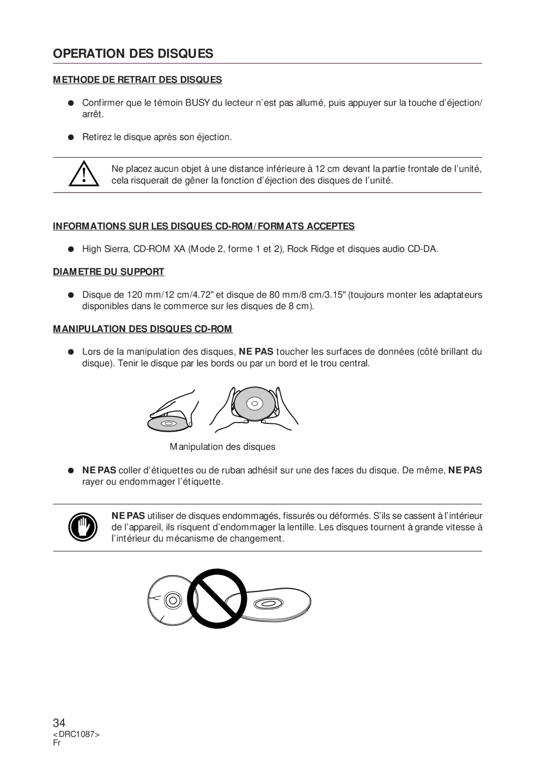 Pioneer DR-U16S user service Operation DES Disques, Methode DE Retrait DES Disques, Diametre DU Support 