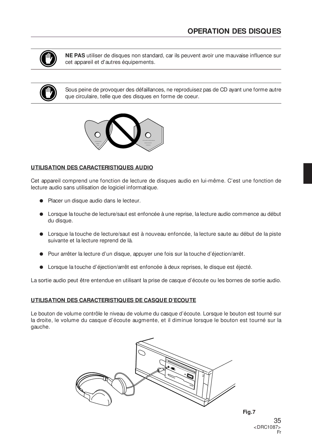 Pioneer DR-U16S user service Utilisation DES Caracteristiques Audio, Utilisation DES Caracteristiques DE Casque D’ECOUTE 