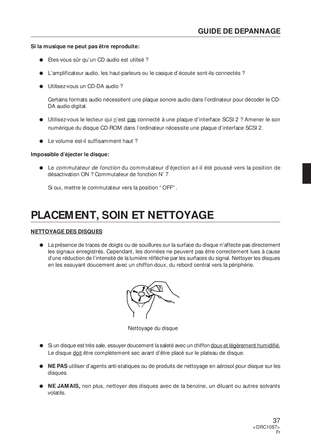 Pioneer DR-U16S user service PLACEMENT, Soin ET Nettoyage, Guide DE Depannage, Si la musique ne peut pas être reproduite 