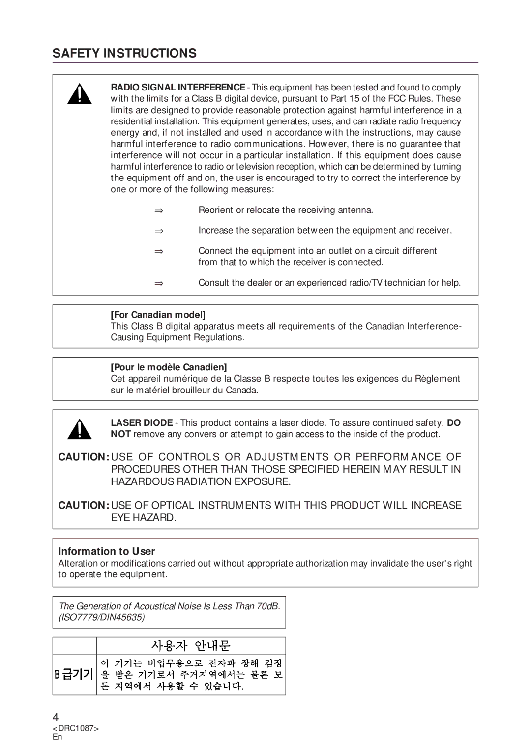 Pioneer DR-U16S user service Safety Instructions, Information to User, For Canadian model, Pour le modèle Canadien 