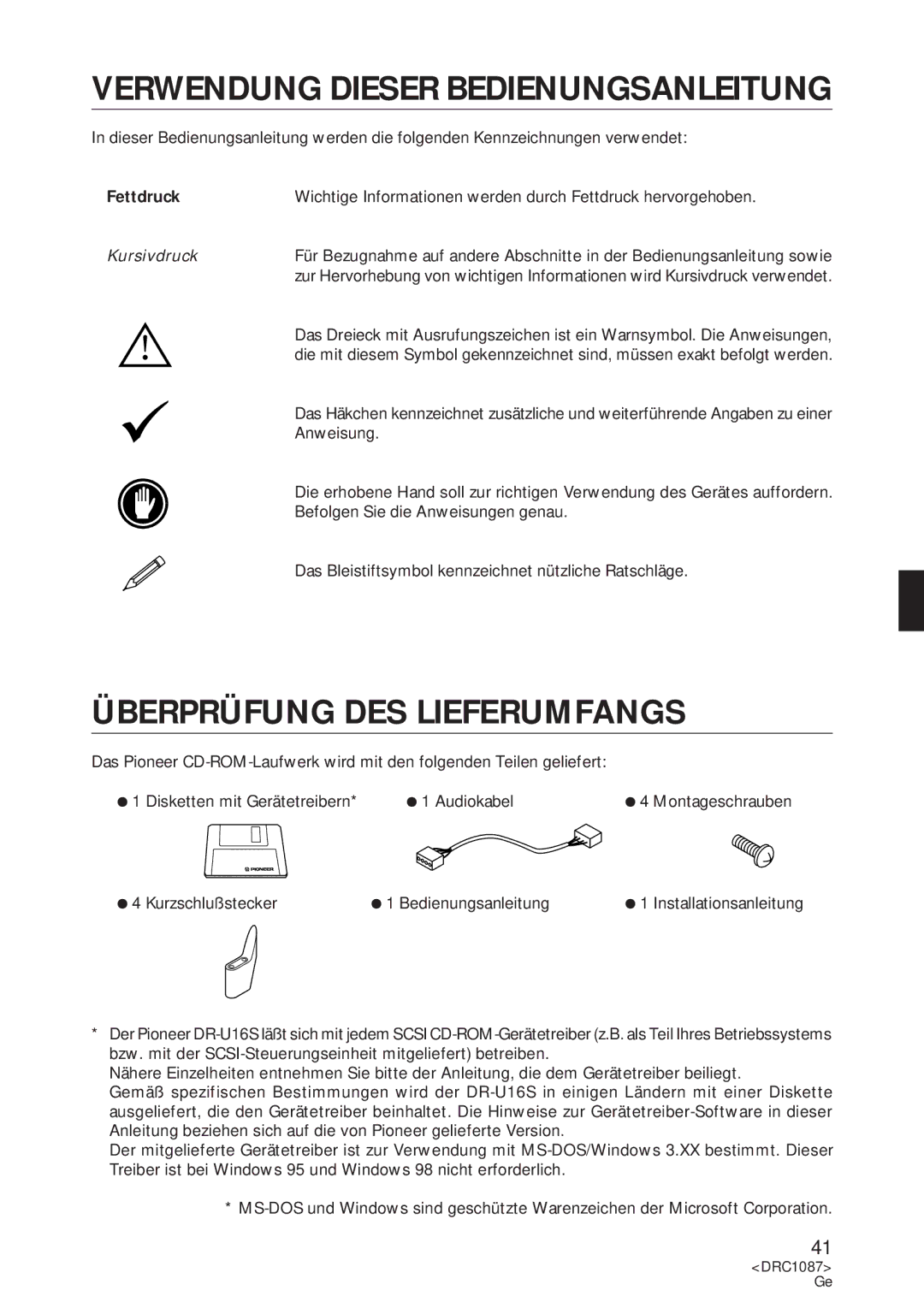 Pioneer DR-U16S user service Verwendung Dieser Bedienungsanleitung, Überprüfung DES Lieferumfangs, Fettdruck 