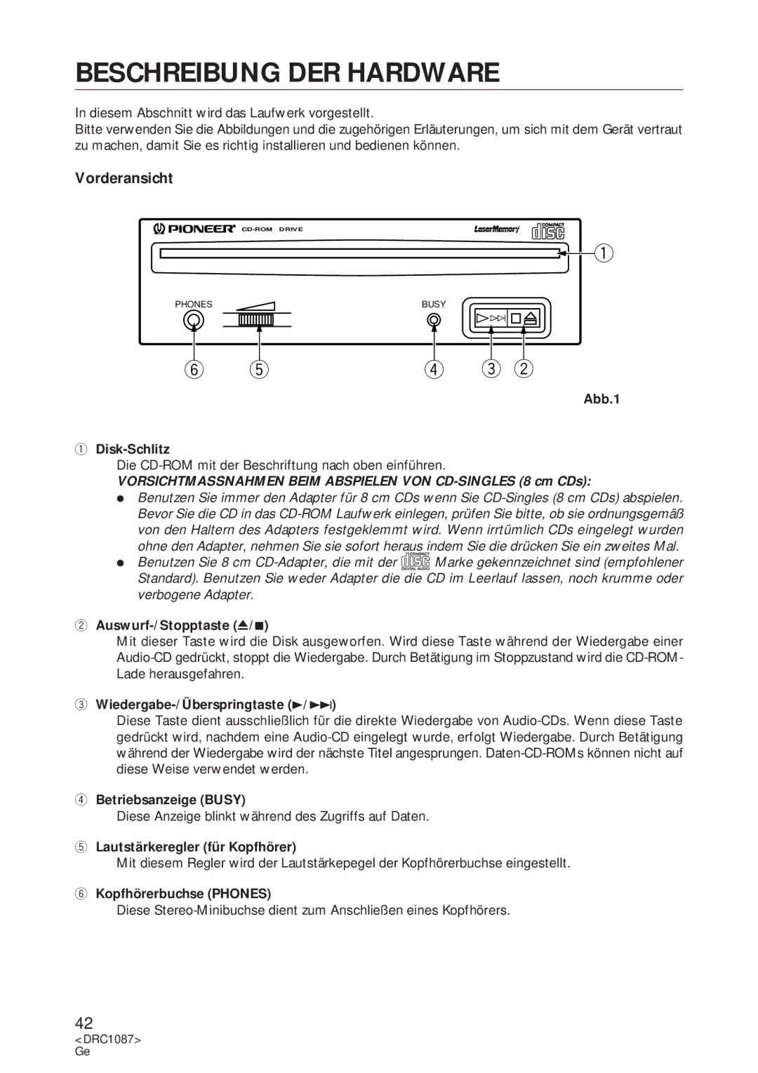 Pioneer DR-U16S user service Beschreibung DER Hardware, Vorderansicht 