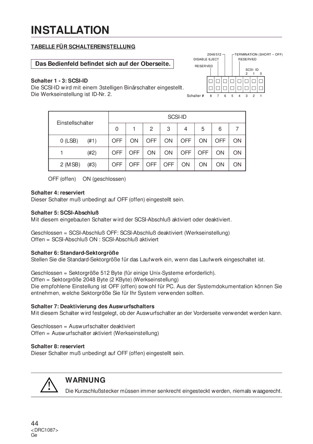 Pioneer DR-U16S user service Warnung, Tabelle FÜR Schaltereinstellung 