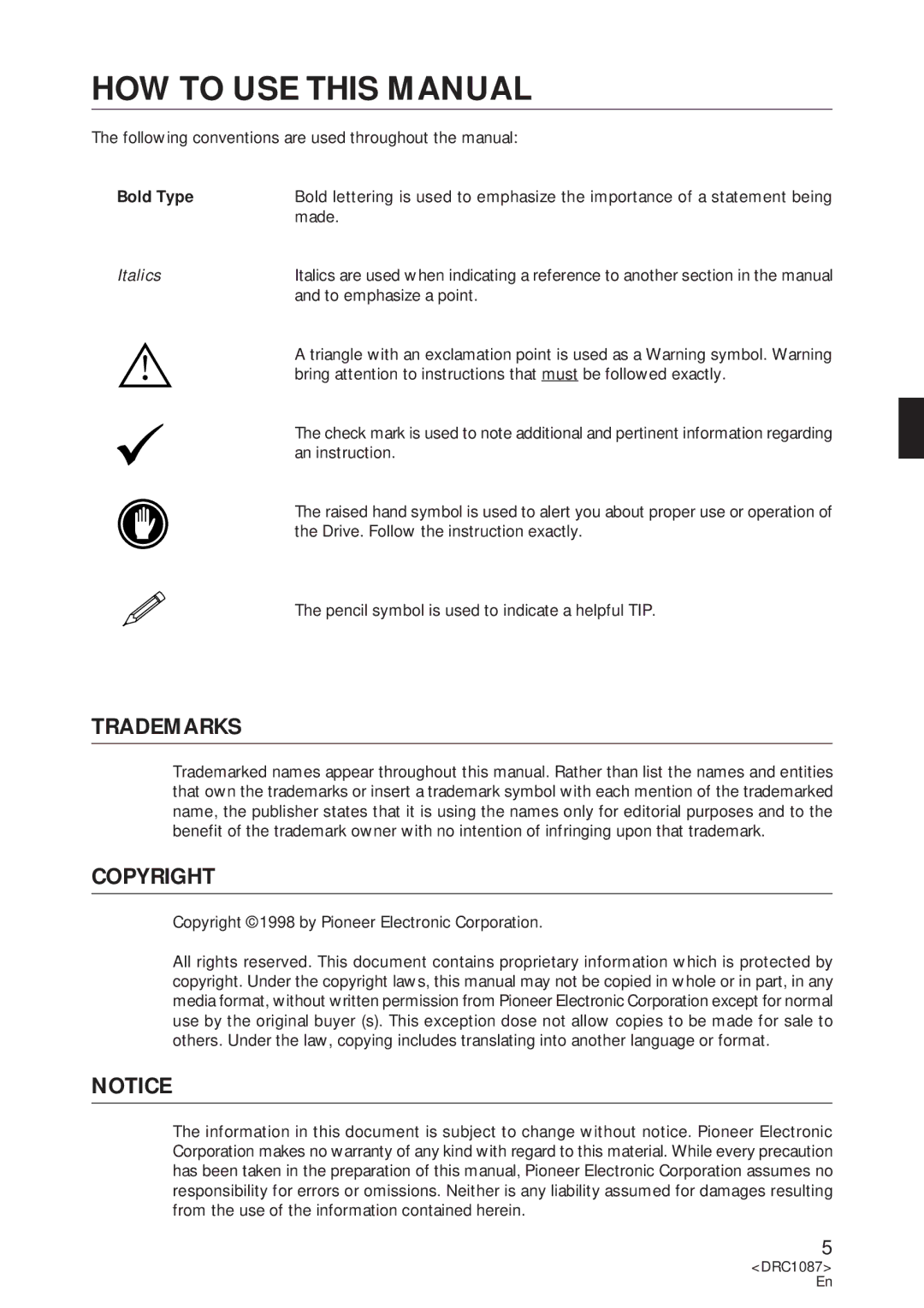 Pioneer DR-U16S user service HOW to USE this Manual, Trademarks, Copyright, Bold Type 