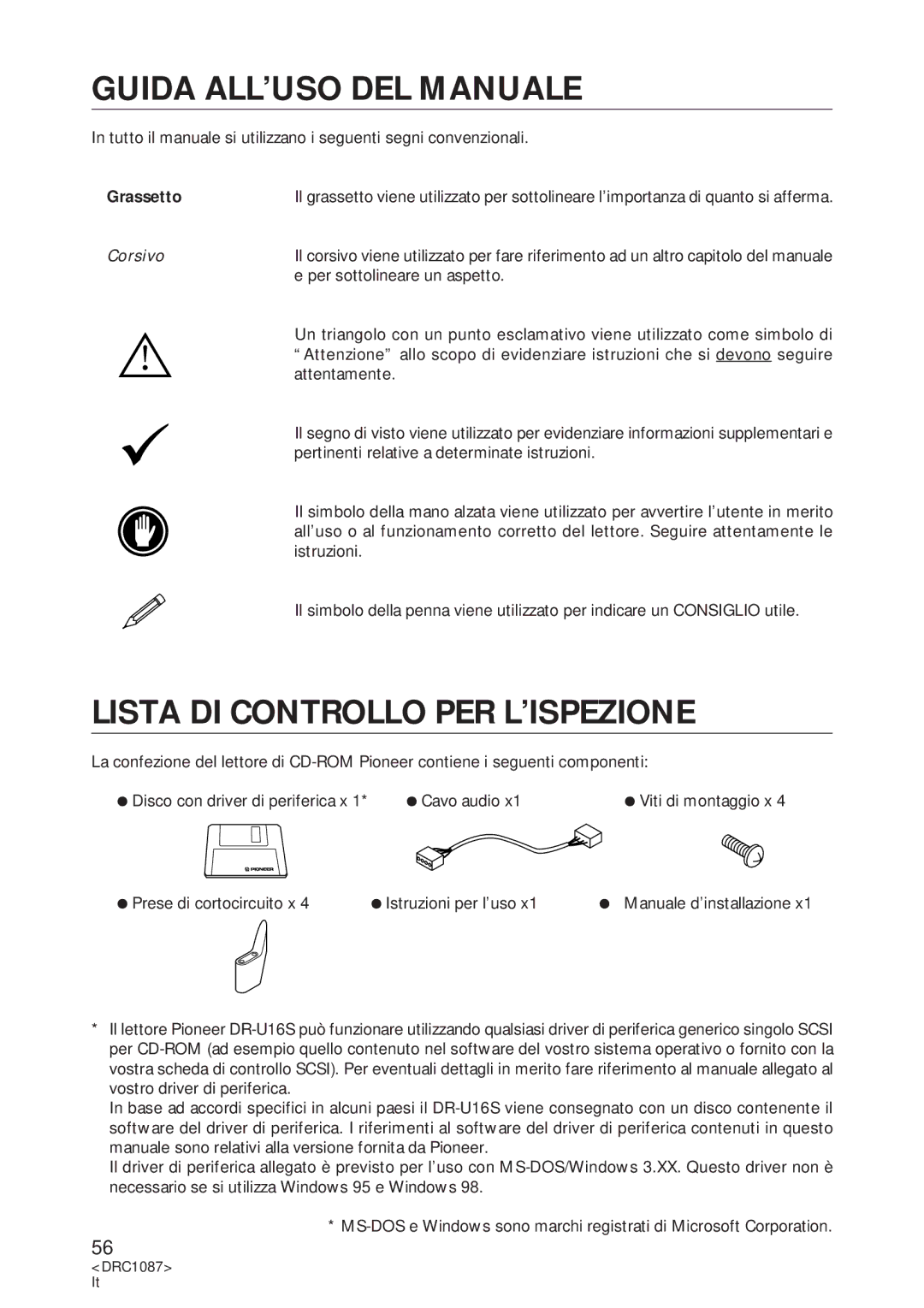 Pioneer DR-U16S user service Guida ALL’USO DEL Manuale, Lista DI Controllo PER L’ISPEZIONE, Grassetto 