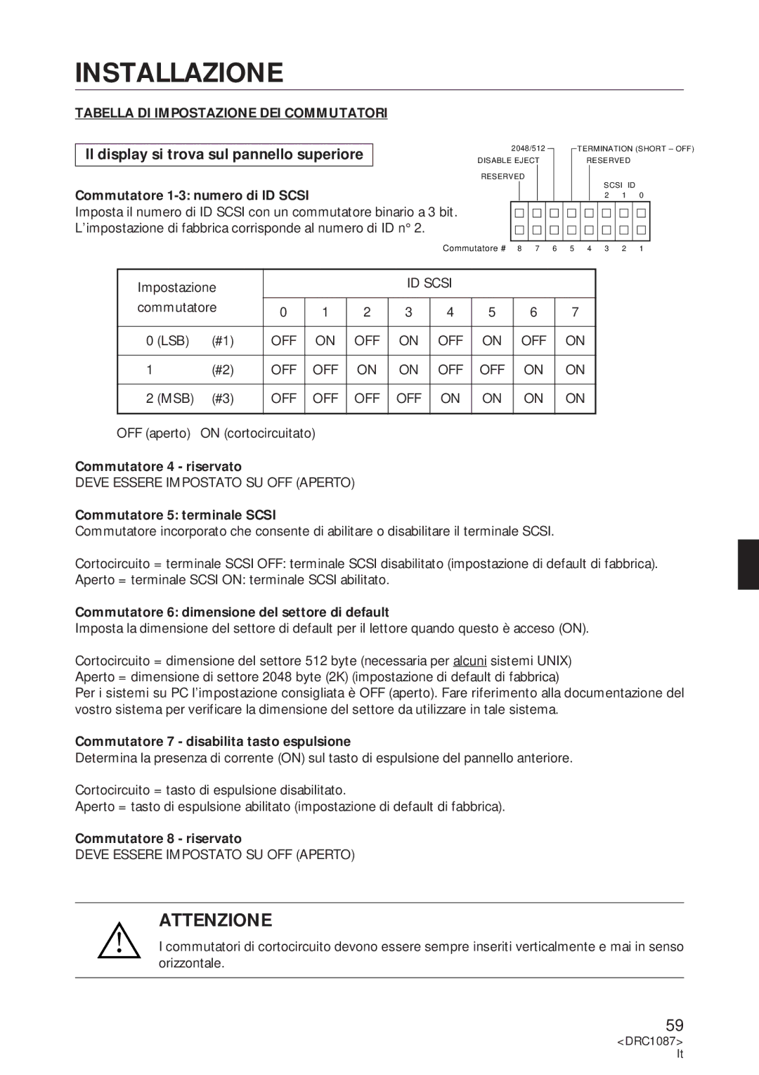 Pioneer DR-U16S user service Installazione, Attenzione, Tabella DI Impostazione DEI Commutatori 