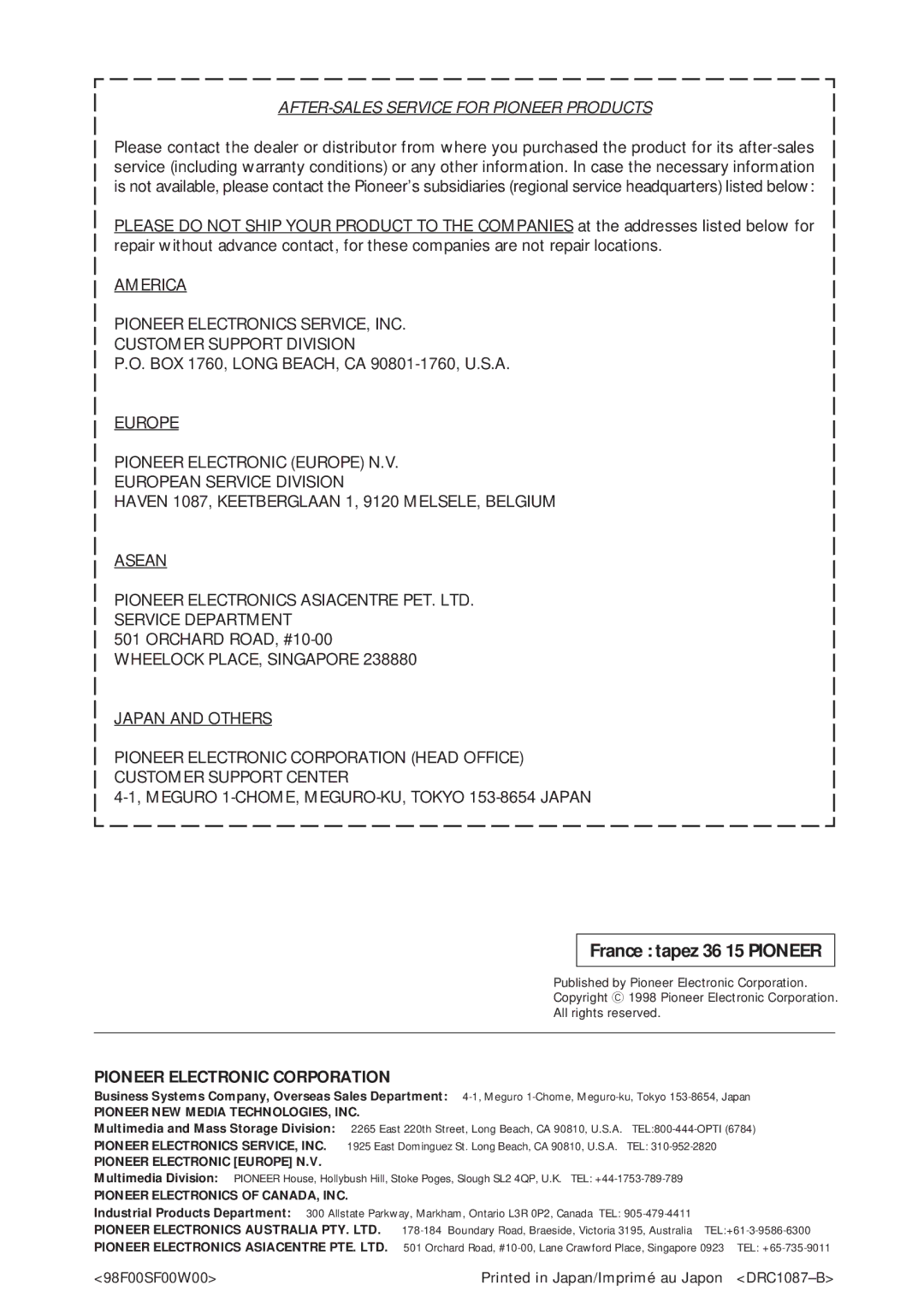 Pioneer DR-U16S user service AFTER-SALES Service for Pioneer Products, BOX 1760, Long BEACH, CA 90801-1760, U.S.A 