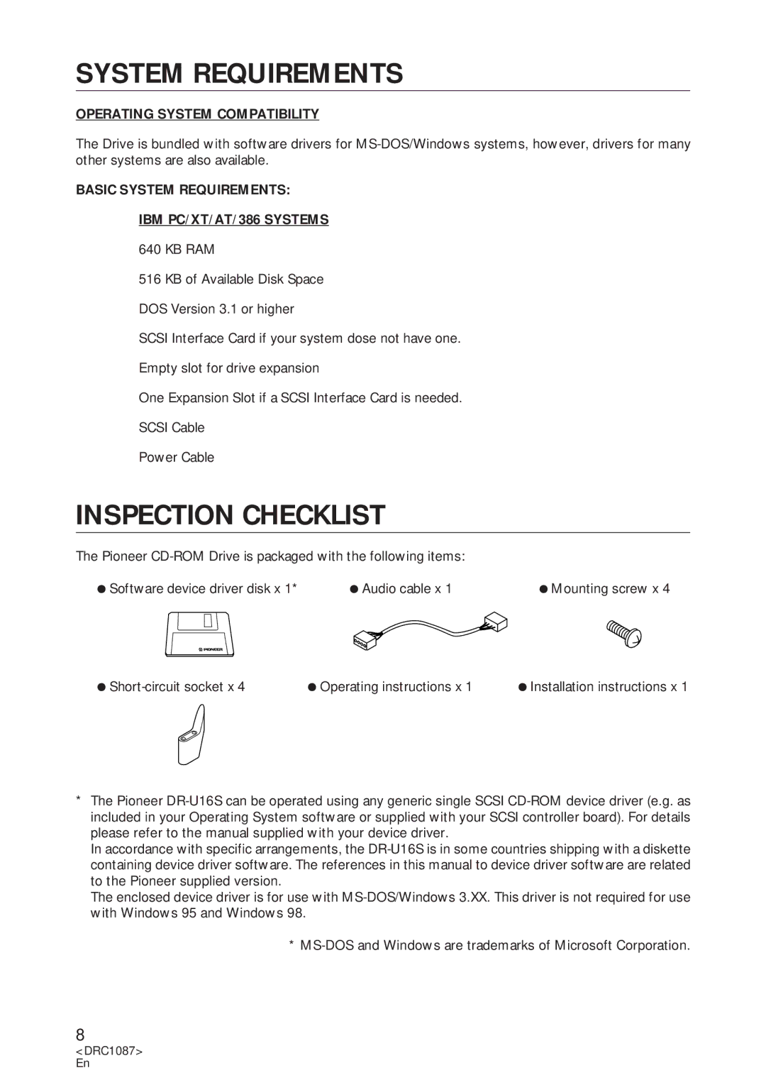 Pioneer DR-U16S user service System Requirements, Inspection Checklist, Operating System Compatibility 