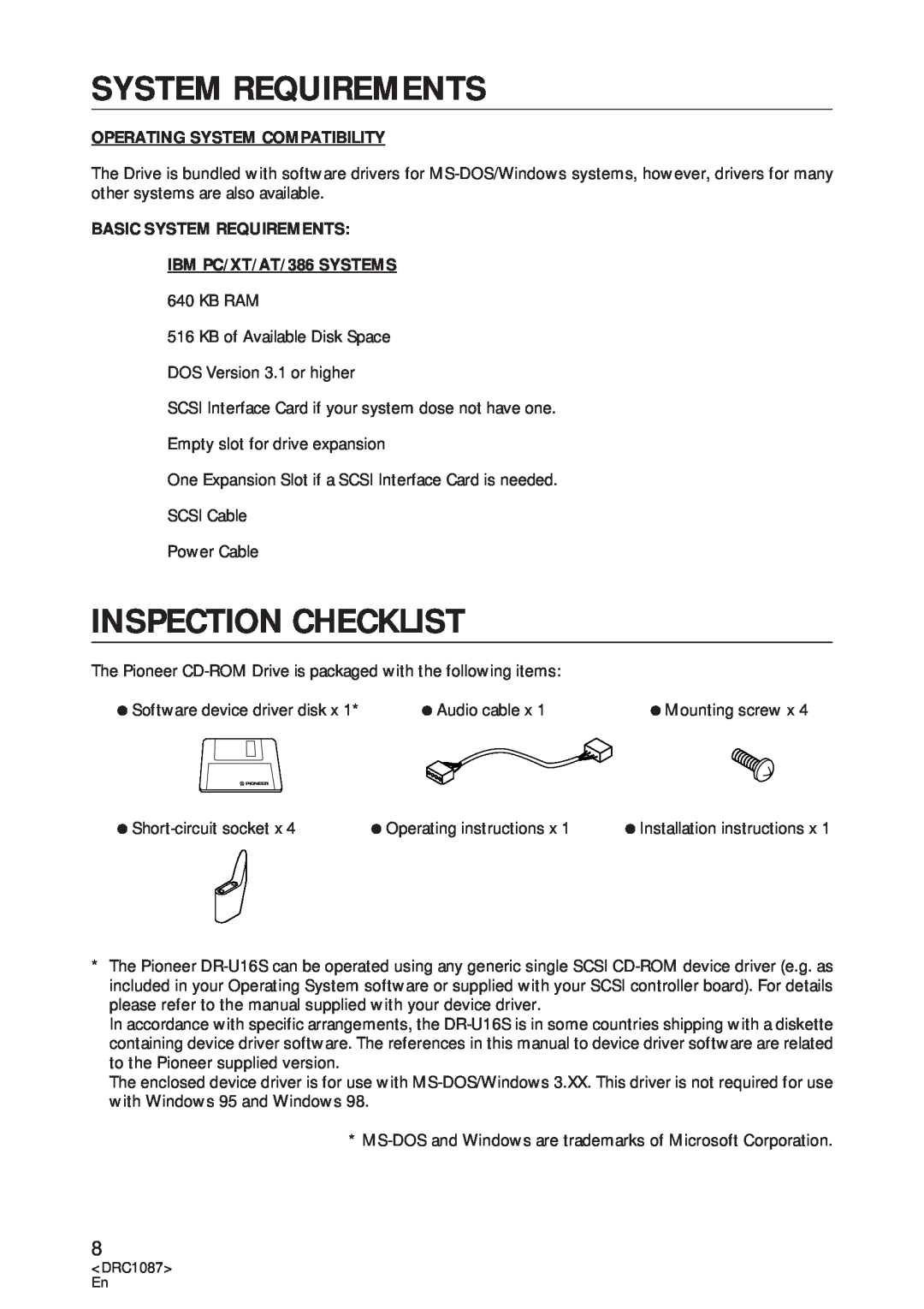 Pioneer DR-U16S user service System Requirements, Inspection Checklist, Operating System Compatibility 