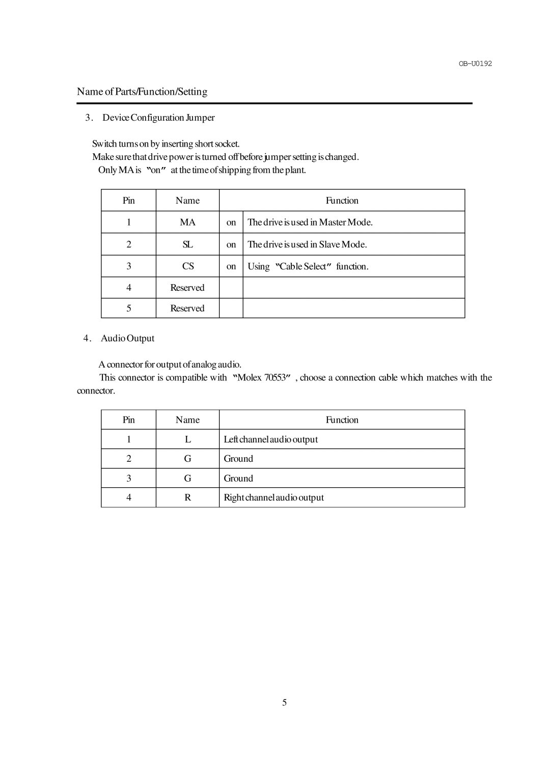 Pioneer DR-944, DR914 operating instructions DeviceConfigurationJumper, AudioOutput 