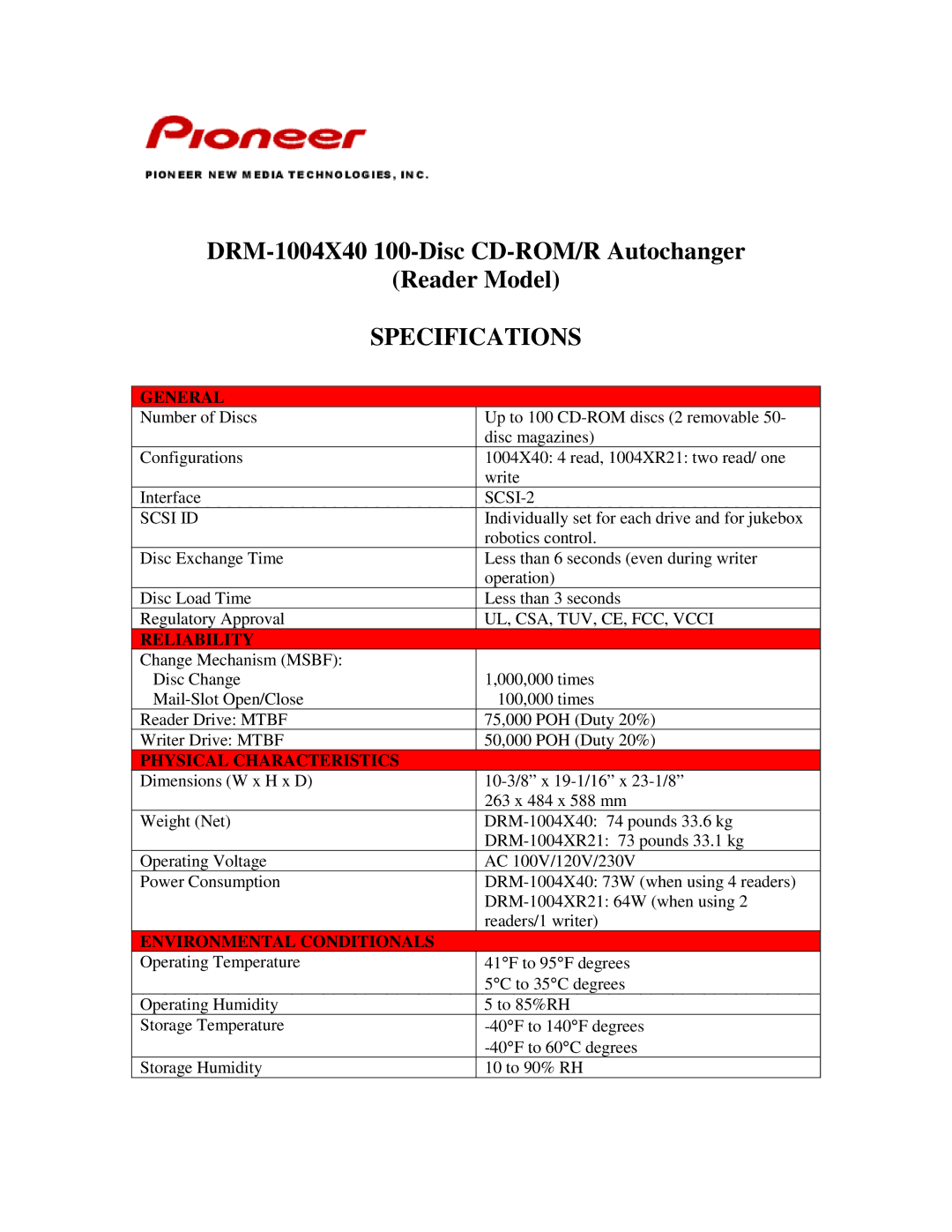 Pioneer DRM-1004X40 specifications Specifications, General, Reliability, Physical Characteristics 