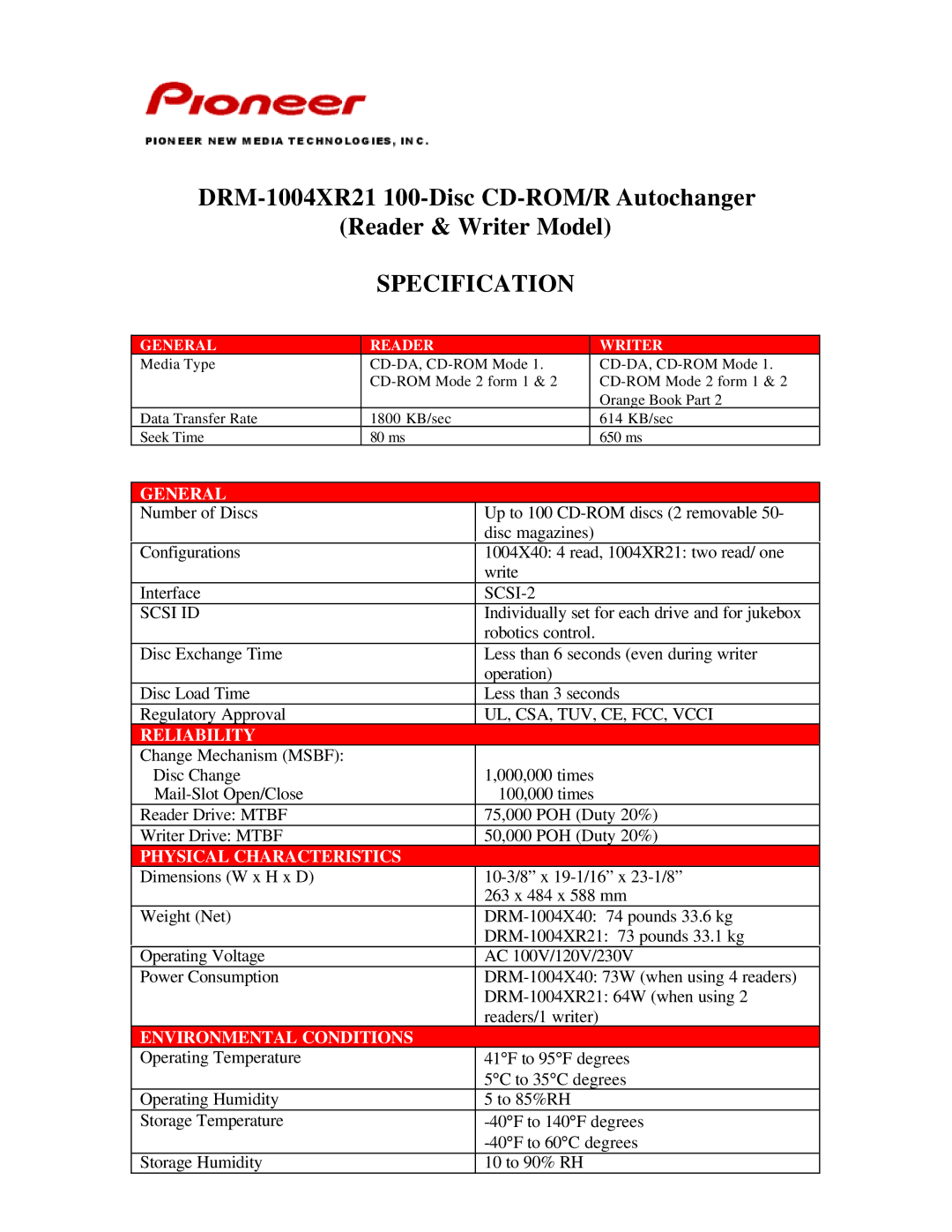 Pioneer DRM-1004XR21 dimensions Specification, General, Reliability, Physical Characteristics, Environmental Conditions 