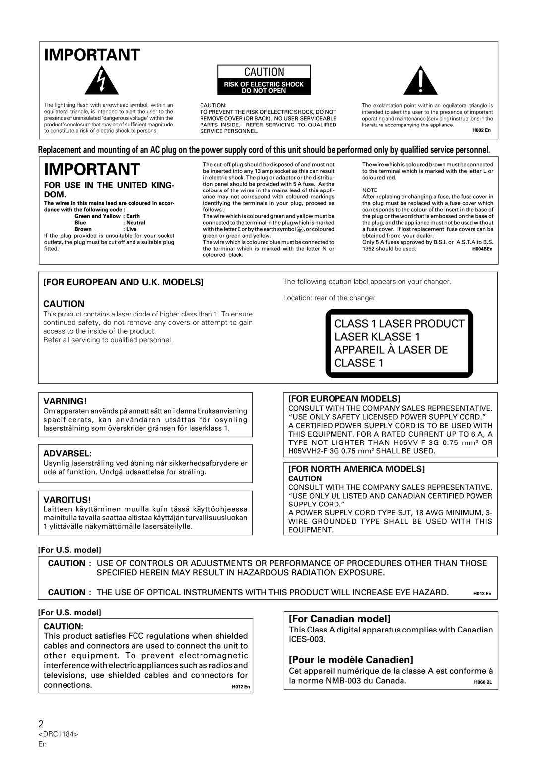 Pioneer DRM-3000, DRM-7000 manual For European and U.K. Models, For U.S. model 