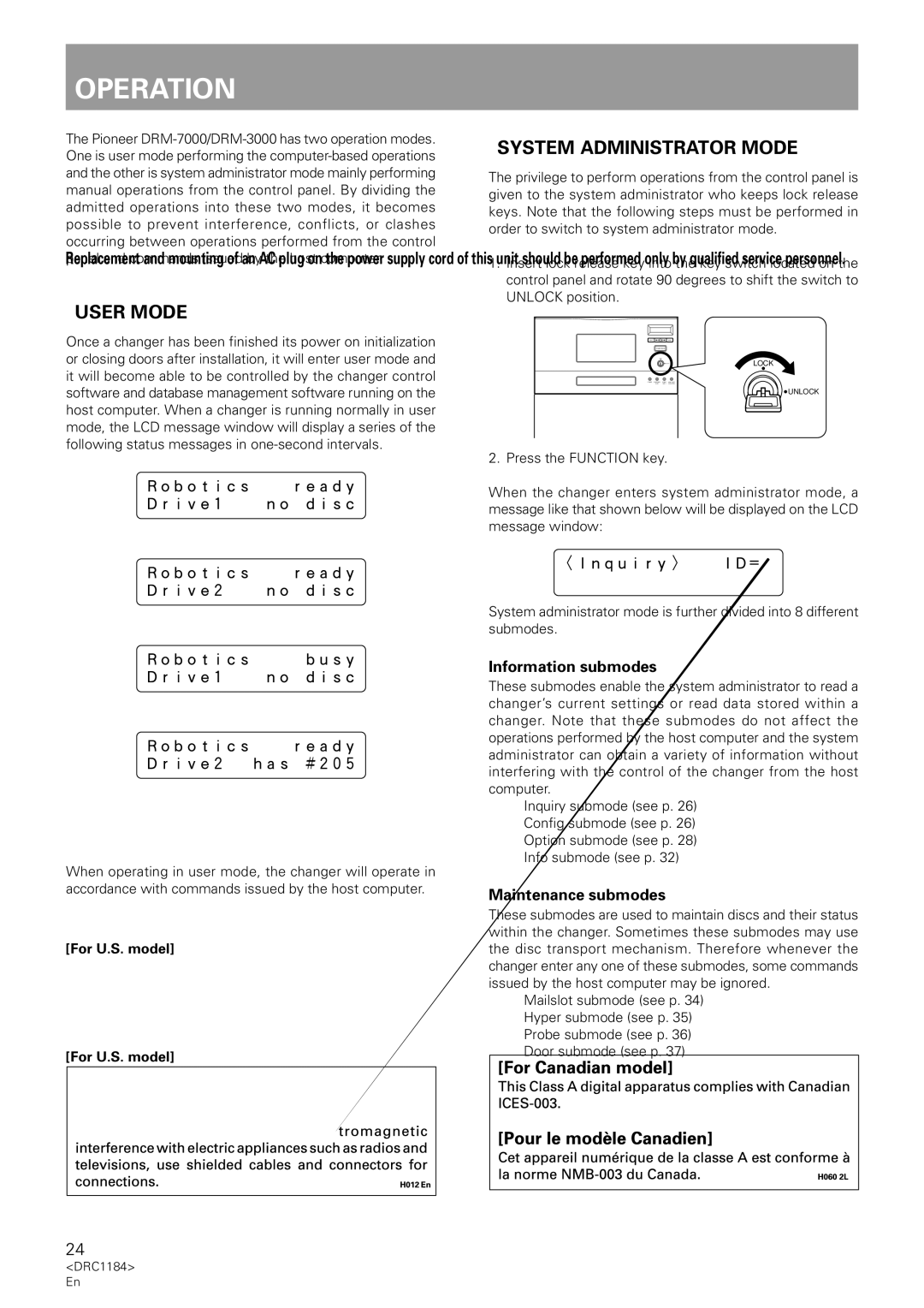 Pioneer DRM-3000, DRM-7000 Operation, User Mode, System Administrator Mode, Information submodes, Maintenance submodes 