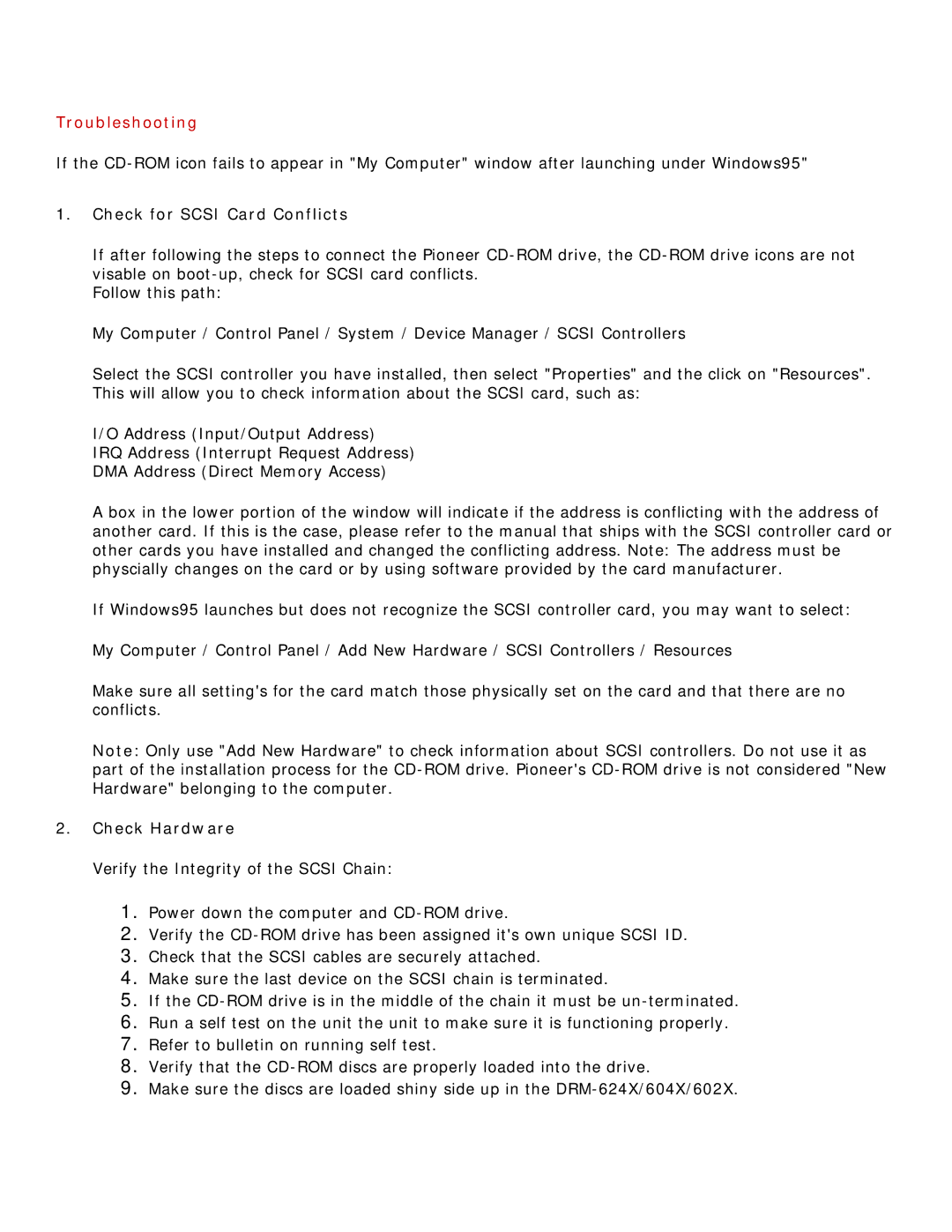 Pioneer DRM-600 user manual Troubleshooting, Check for Scsi Card Conflicts, Check Hardware 