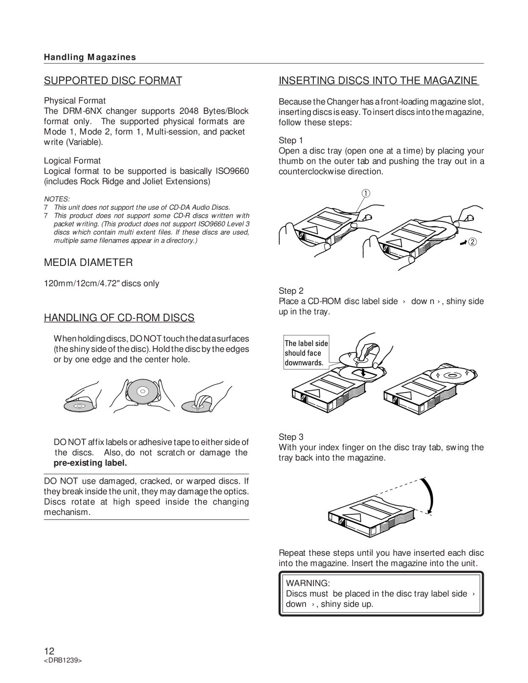 Pioneer DRM-6NX manual Handling Magazines, Physical Format, Logical Format, 120mm/12cm/4.72 discs only, Step 