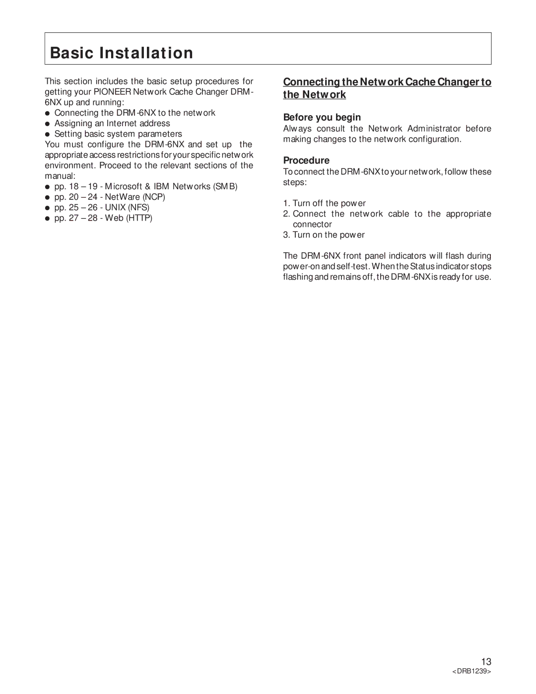 Pioneer DRM-6NX manual Basic Installation, Connecting the Network Cache Changer to the Network, Before you begin, Procedure 