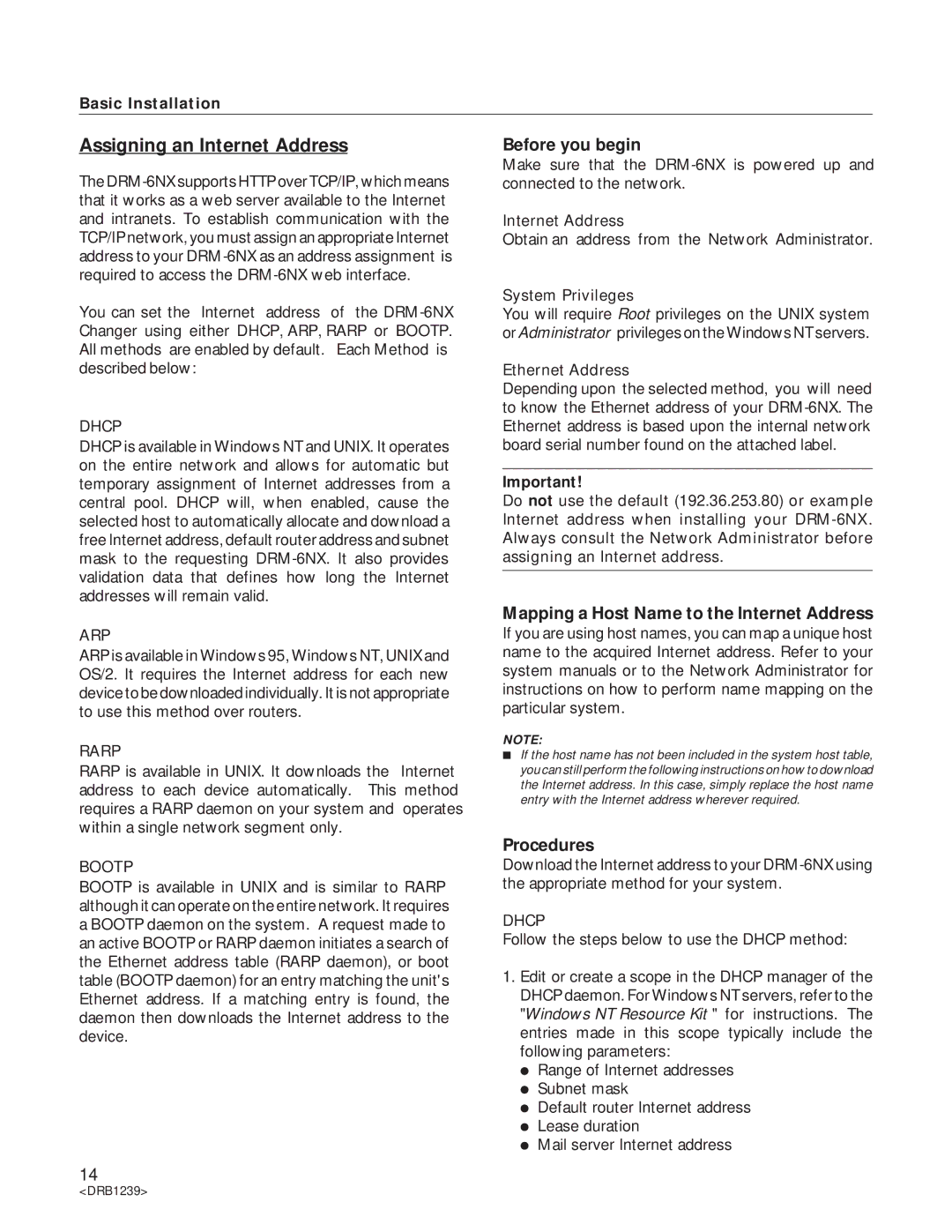 Pioneer DRM-6NX Assigning an Internet Address, Mapping a Host Name to the Internet Address, Procedures, Basic Installation 
