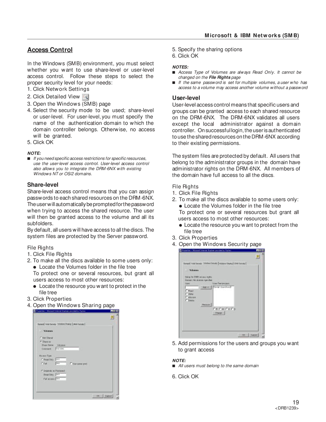 Pioneer DRM-6NX manual Access Control, User-level, Share-level, Microsoft & IBM Networks SMB 