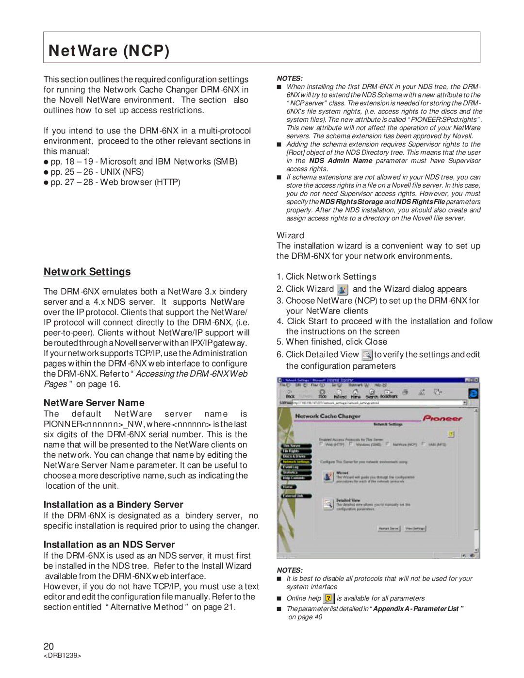 Pioneer DRM-6NX manual NetWare NCP, NetWare Server Name, Installation as a Bindery Server, Installation as an NDS Server 