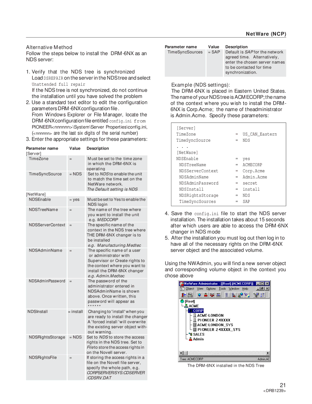 Pioneer DRM-6NX manual NetWare NCP, Example NDS settings 