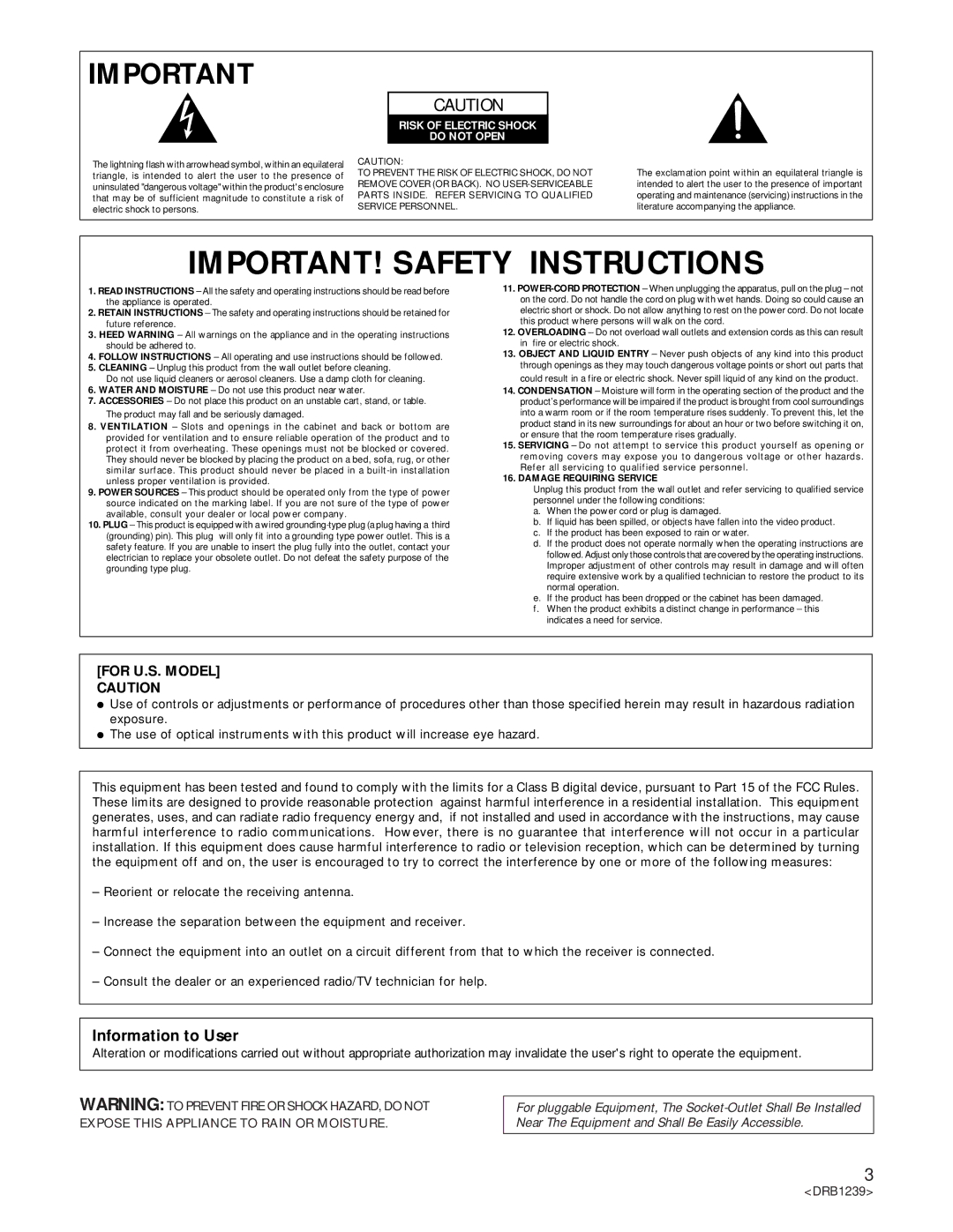 Pioneer DRM-6NX manual Information to User, Risk of Electric Shock Do not Open 