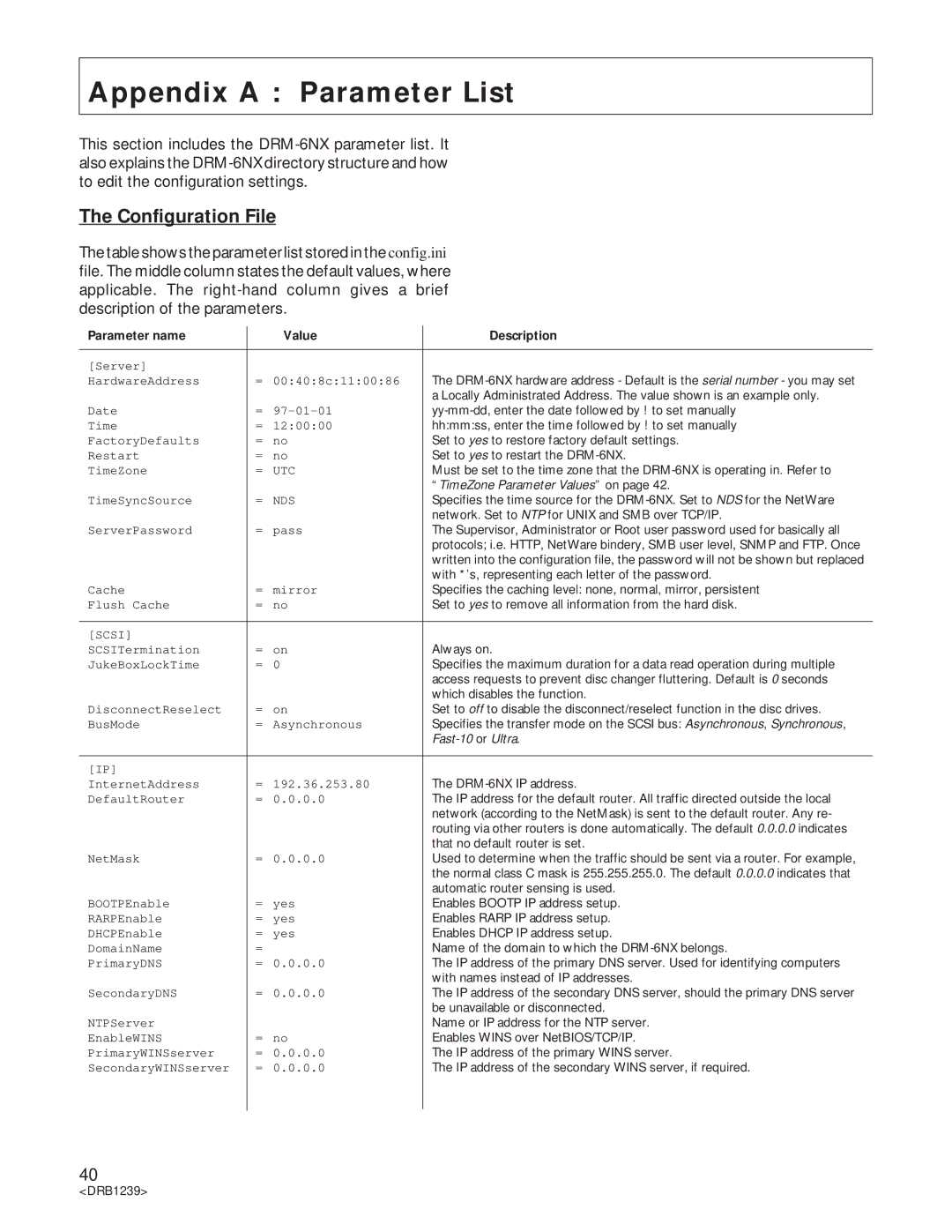 Pioneer DRM-6NX manual Appendix a Parameter List, Configuration File 