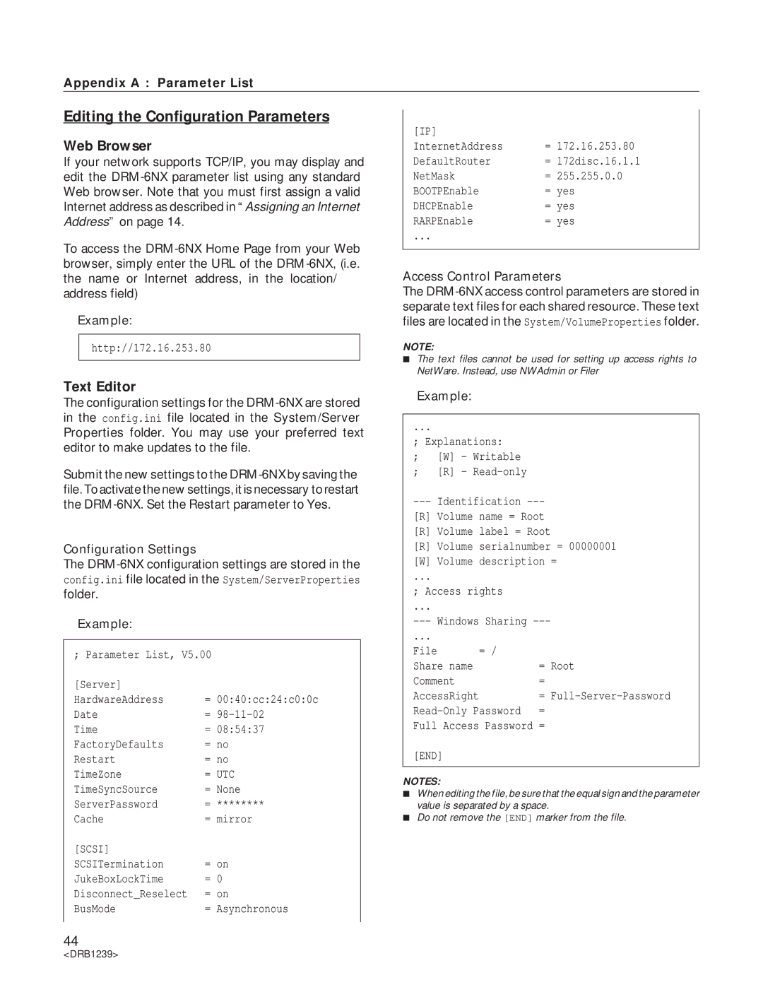 Pioneer DRM-6NX manual Editing the Configuration Parameters, Web Browser, Text Editor, Access Control Parameters 