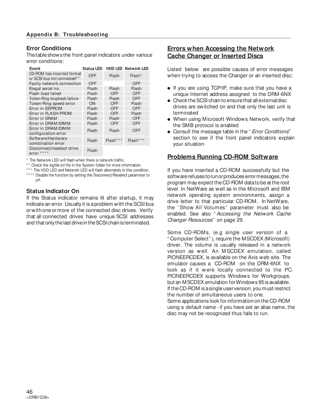 Pioneer DRM-6NX manual Problems Running CD-ROM Software, Error Conditions, Status Indicator On, Appendix B Troubleshooting 