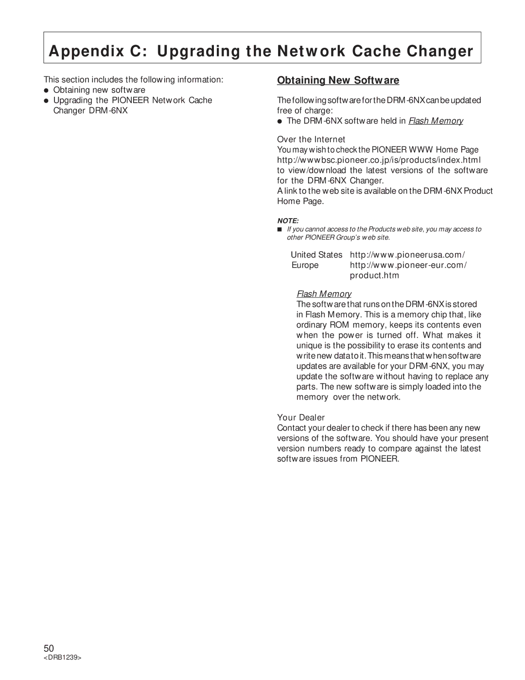 Pioneer DRM-6NX manual Appendix C Upgrading the Network Cache Changer, Obtaining New Software, Home 