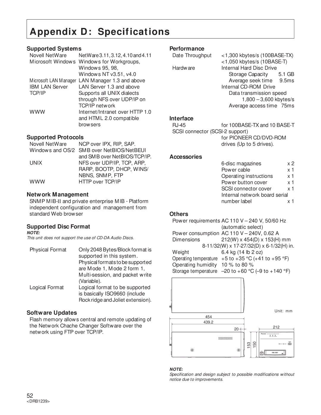 Pioneer DRM-6NX manual Appendix D Specifications 