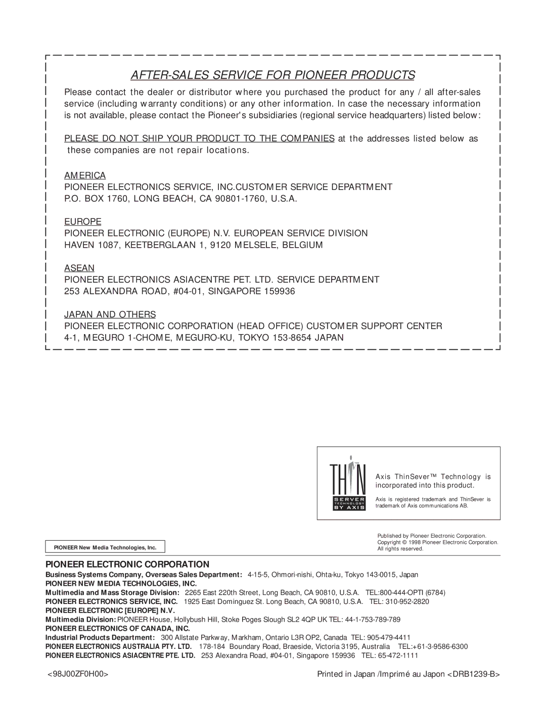 Pioneer DRM-6NX manual AFTER-SALES Service for Pioneer Products 