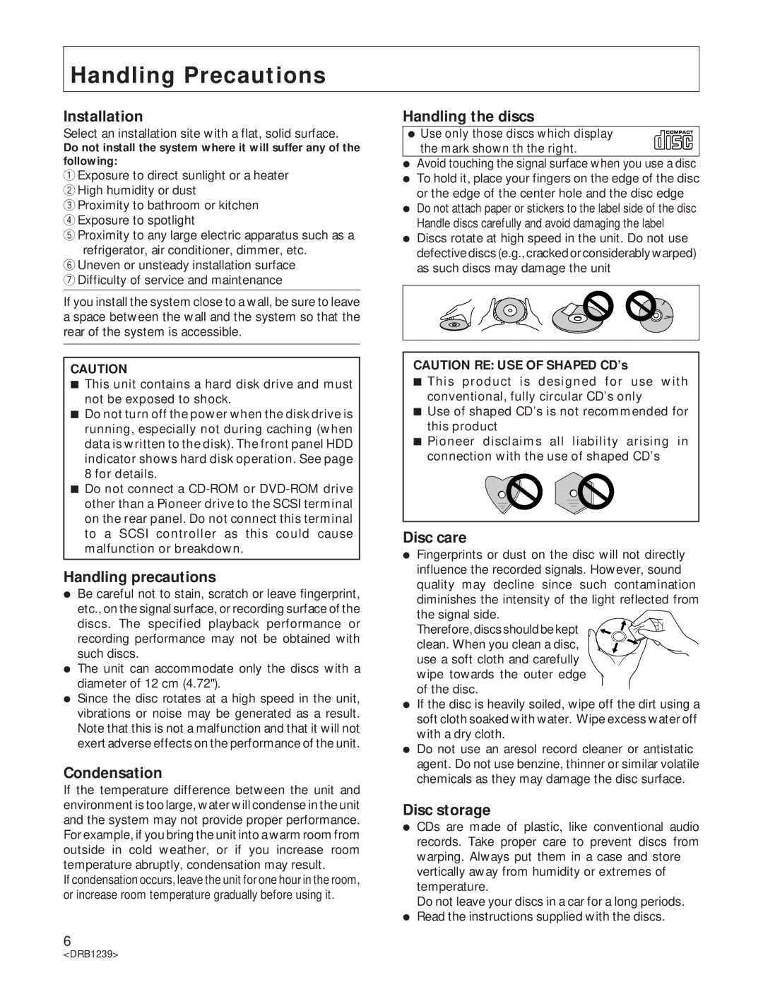 Pioneer DRM-6NX manual Handling Precautions 