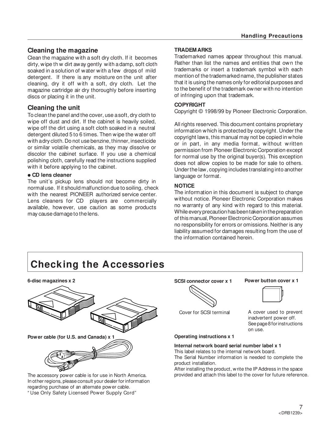 Pioneer DRM-6NX Checking the Accessories, Cleaning the magazine, Cleaning the unit, Handling Precautions, CD lens cleaner 