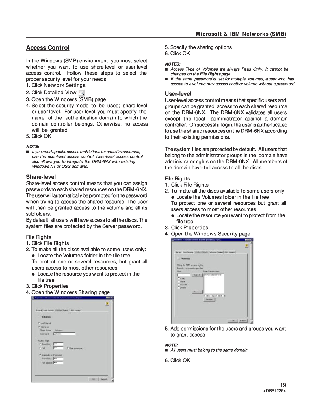 Pioneer DRM-6NX manual Access Control, User-level, Share-level, Microsoft & IBM Networks SMB 