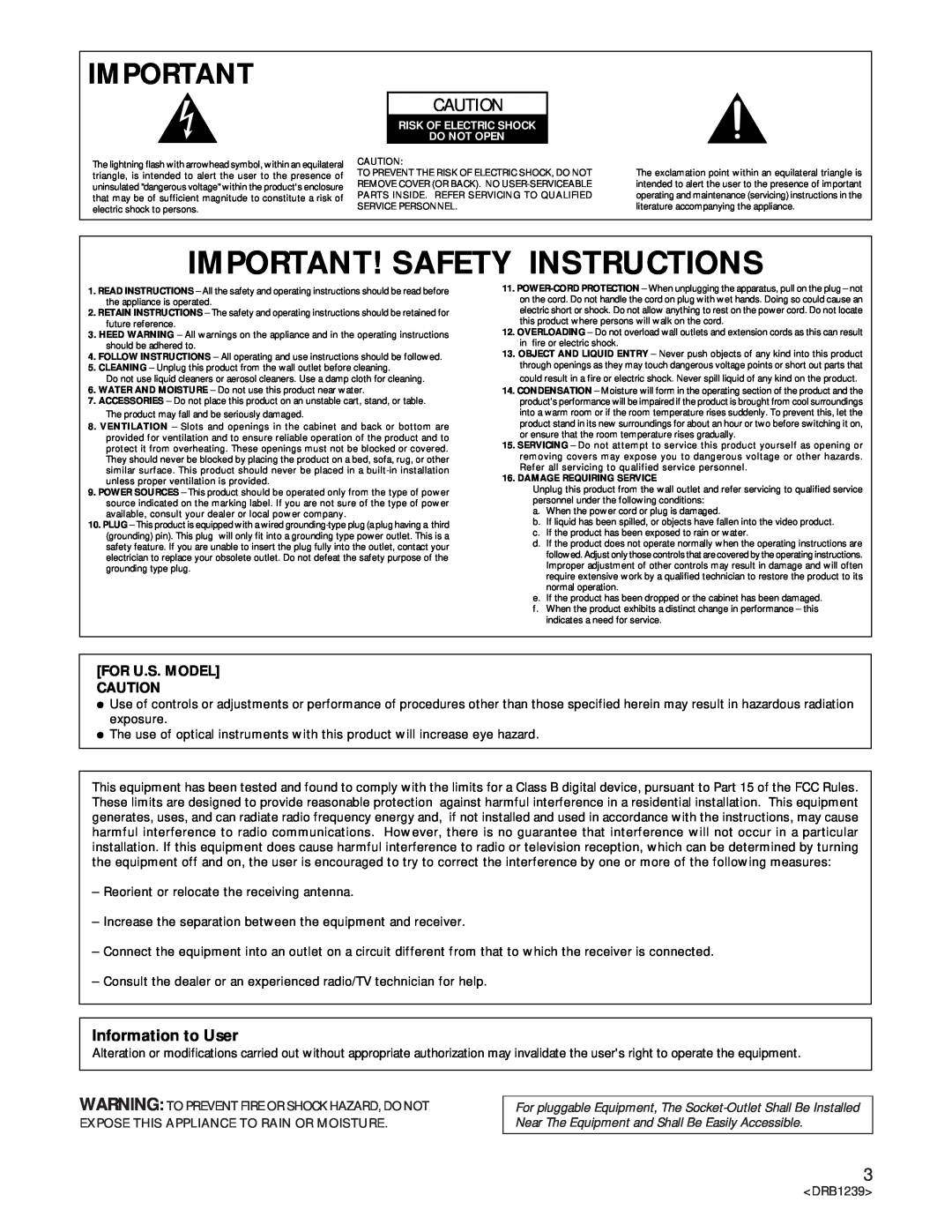Pioneer DRM-6NX manual Important! Safety Instructions, Information to User, For U.S. Model Caution 