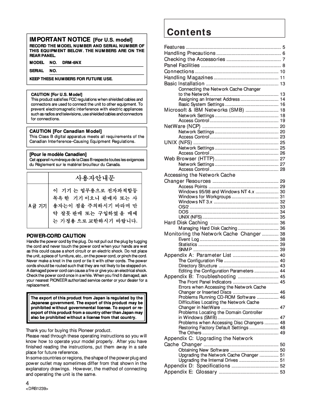 Pioneer DRM-6NX manual Contents, IMPORTANT NOTICE For U.S. model, Power-Cord Caution, CAUTION For Canadian Model 