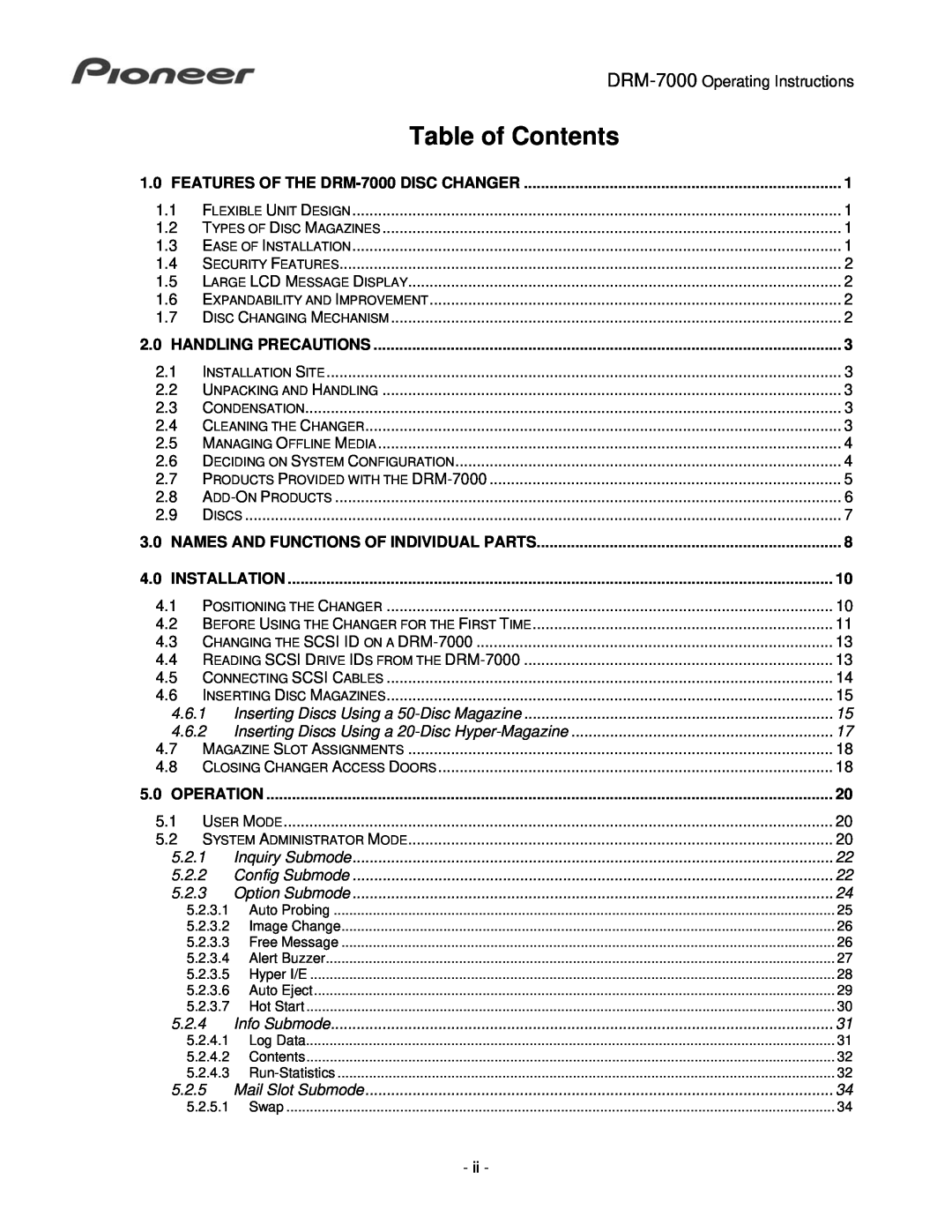 Pioneer DRM-7000 operating instructions Table of Contents 
