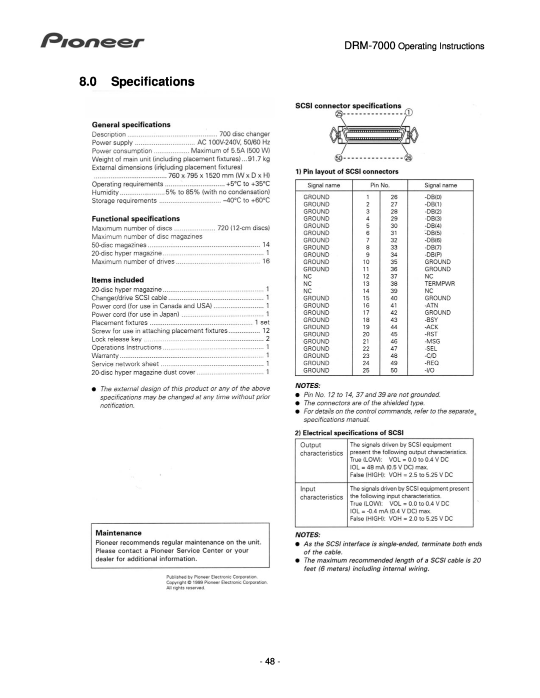 Pioneer operating instructions 8.0Specifications, DRM-7000 Operating Instructions 
