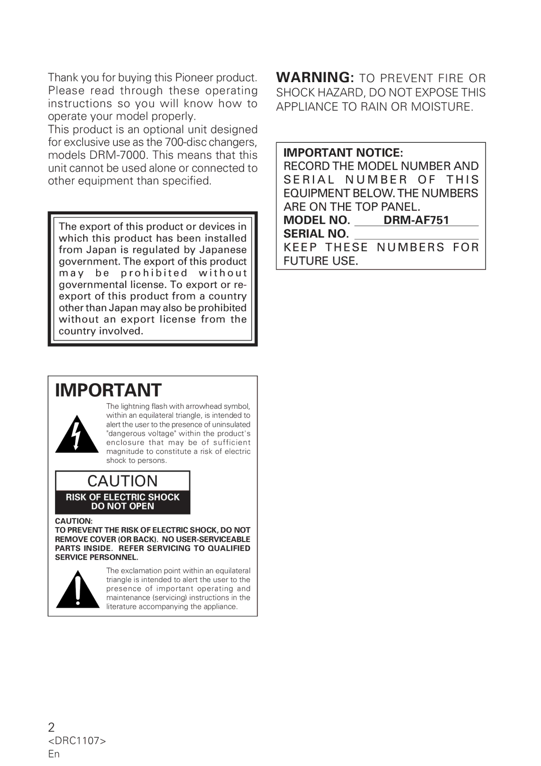 Pioneer DRM-AF751 manual Important Notice 