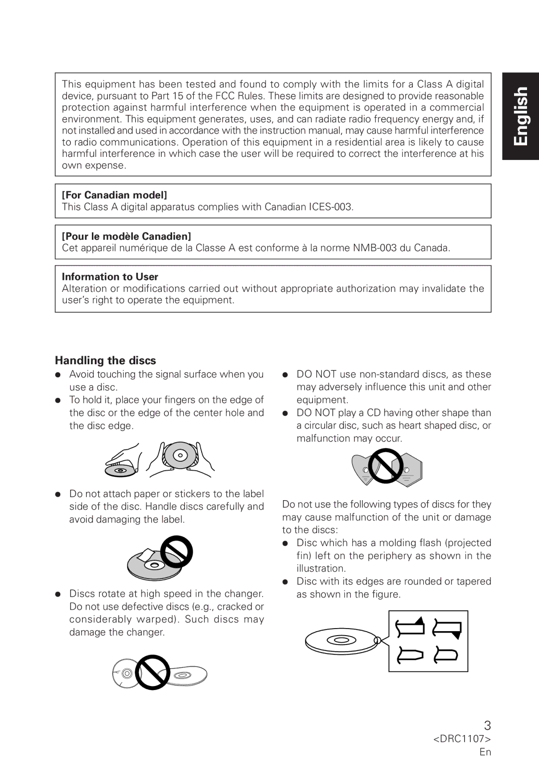 Pioneer DRM-AF751 manual Handling the discs, Information to User 