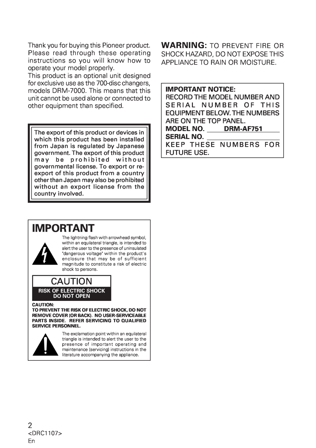 Pioneer manual Important Notice, MODEL NO. DRM-AF751 SERIAL NO 