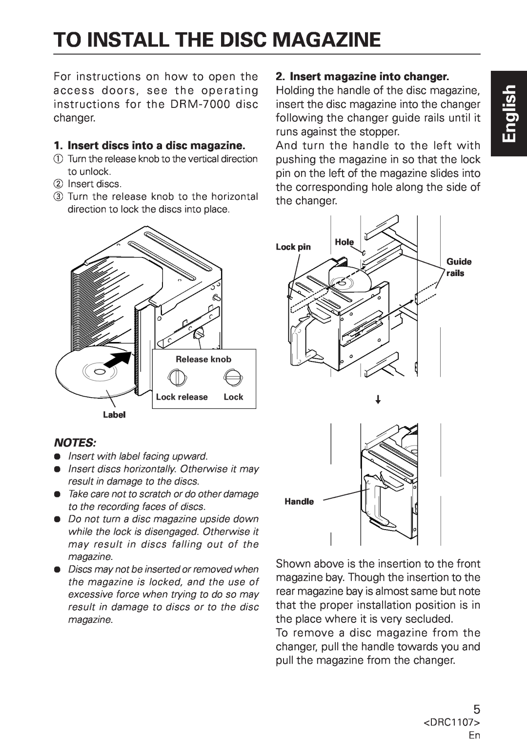 Pioneer DRM-AF751 manual To Install The Disc Magazine, Insert discs into a disc magazine, English 