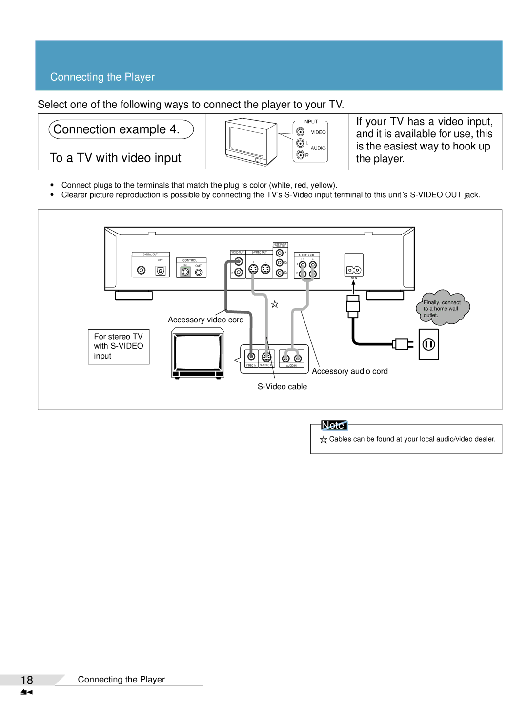 Pioneer DV-05 operating instructions For stereo TV with S-VIDEO input, Accessory audio cord Video cable 