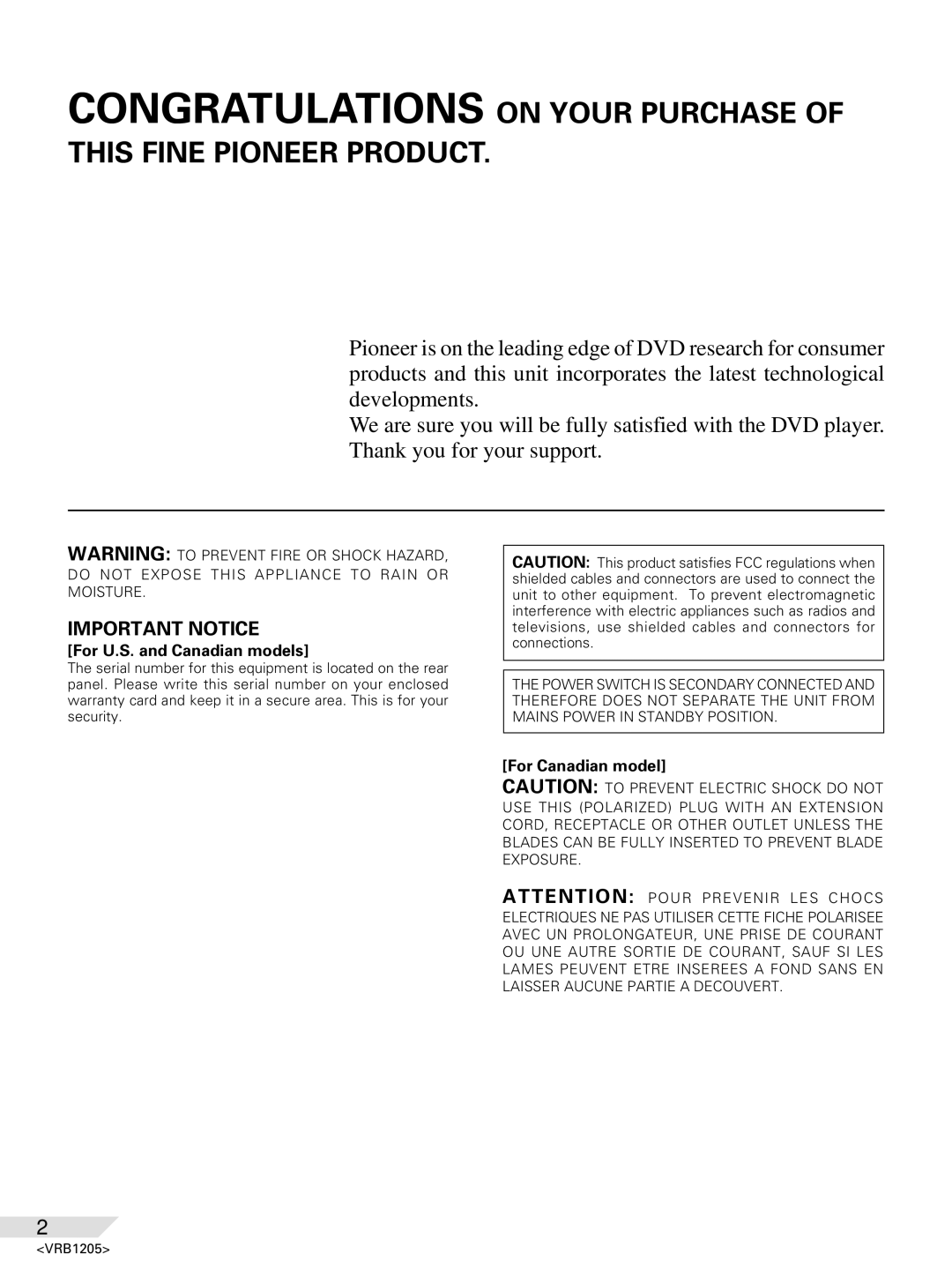 Pioneer DV-05 operating instructions Important Notice 