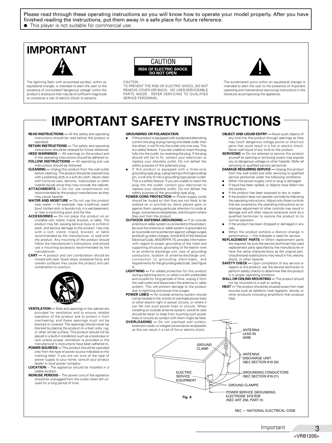 Pioneer DV-05 operating instructions Important Safety Instructions 