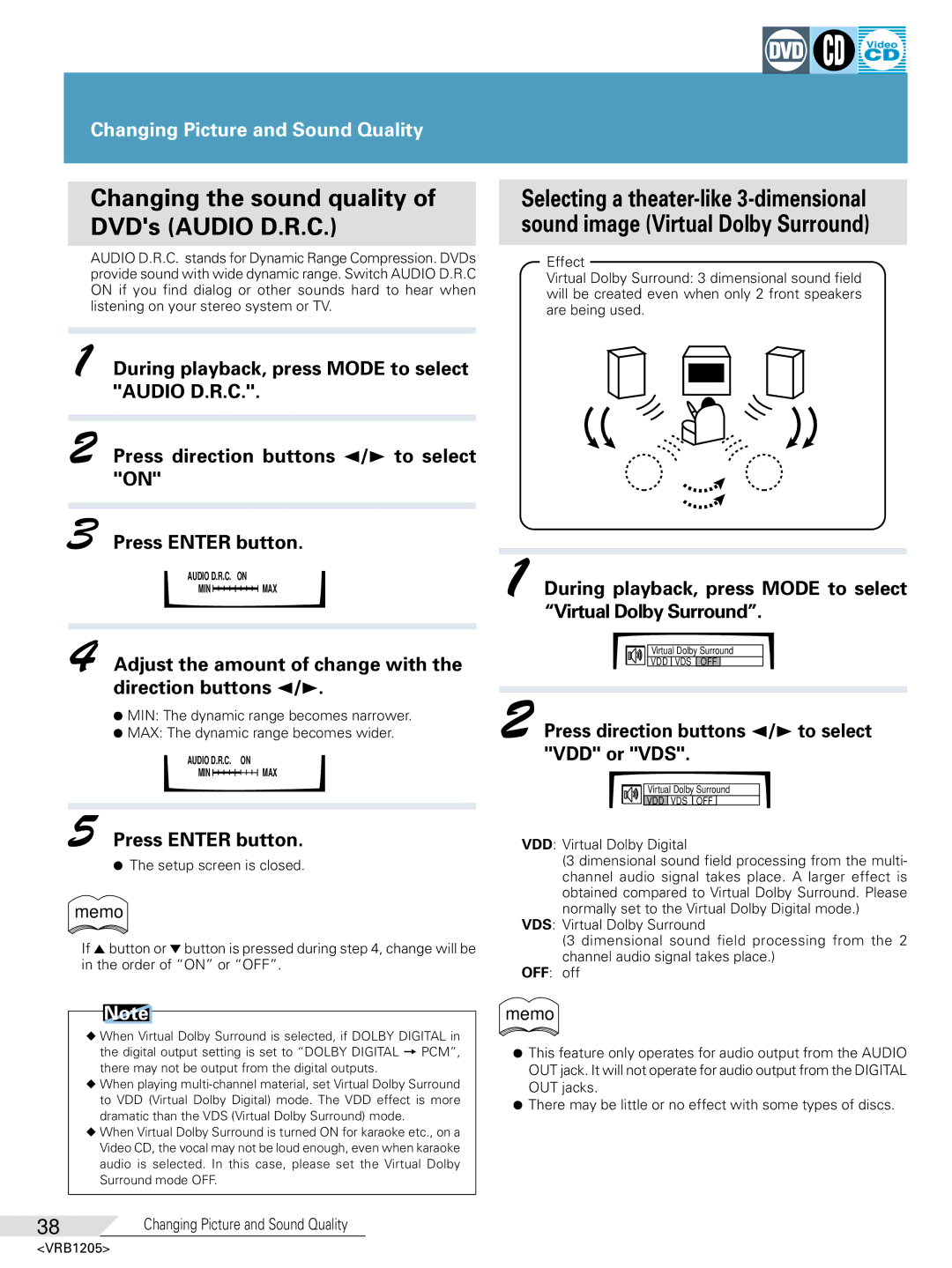 Pioneer DV-05 operating instructions Changing the sound quality of DVDs Audio D.R.C, Direction buttons 2/3, VDD or VDS 