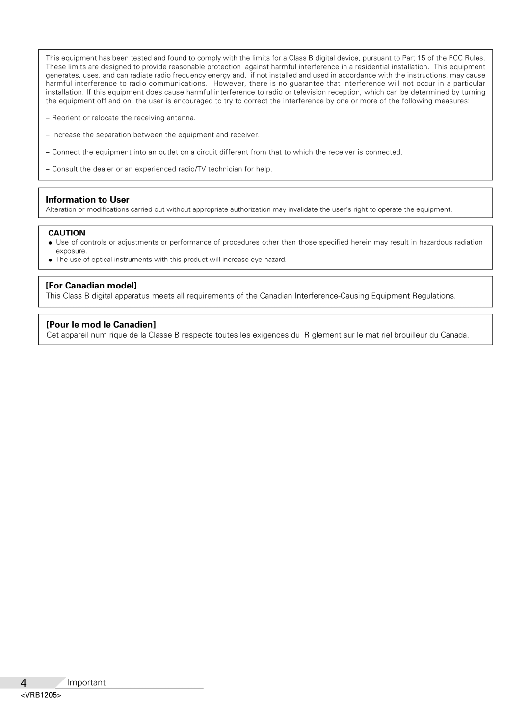 Pioneer DV-05 operating instructions Information to User 